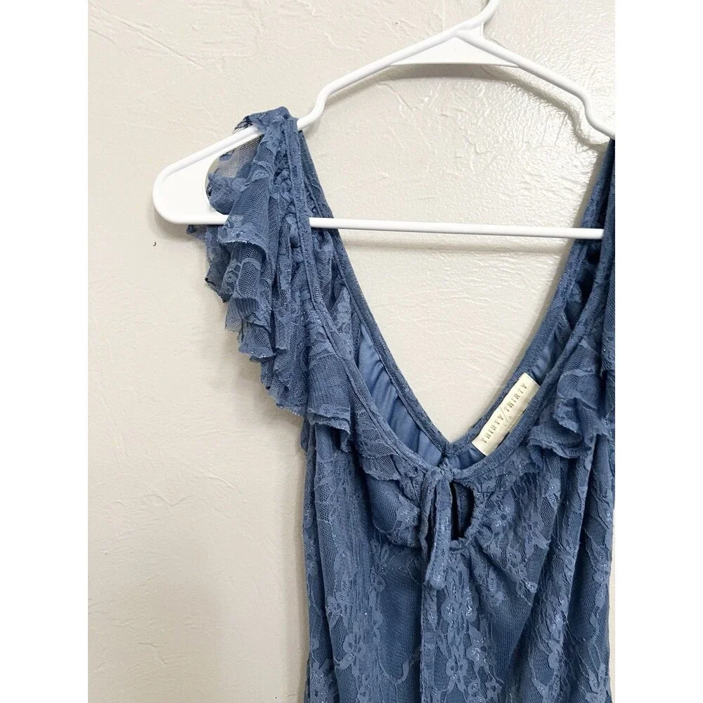 Vintage Y2K Thirty Thirty Dress S Blue Lace Fairycore Hi Low Ruffle Maxi Mesh